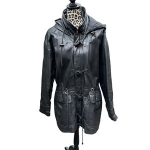 Wilsons Mens Black Leather Long Duffle Coat Small